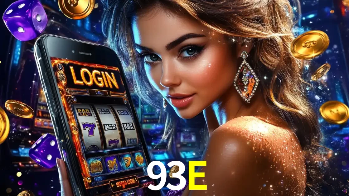 Mulher glamorosa segurando um smartphone com a tela de login para os jogos de caça-níqueis do cassino online 93E, com moedas de ouro e dados ao redor.